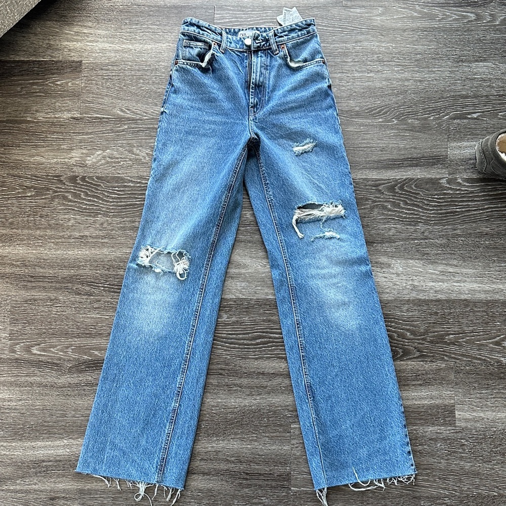 Zara Blue Distressed Straight Leg Jeans